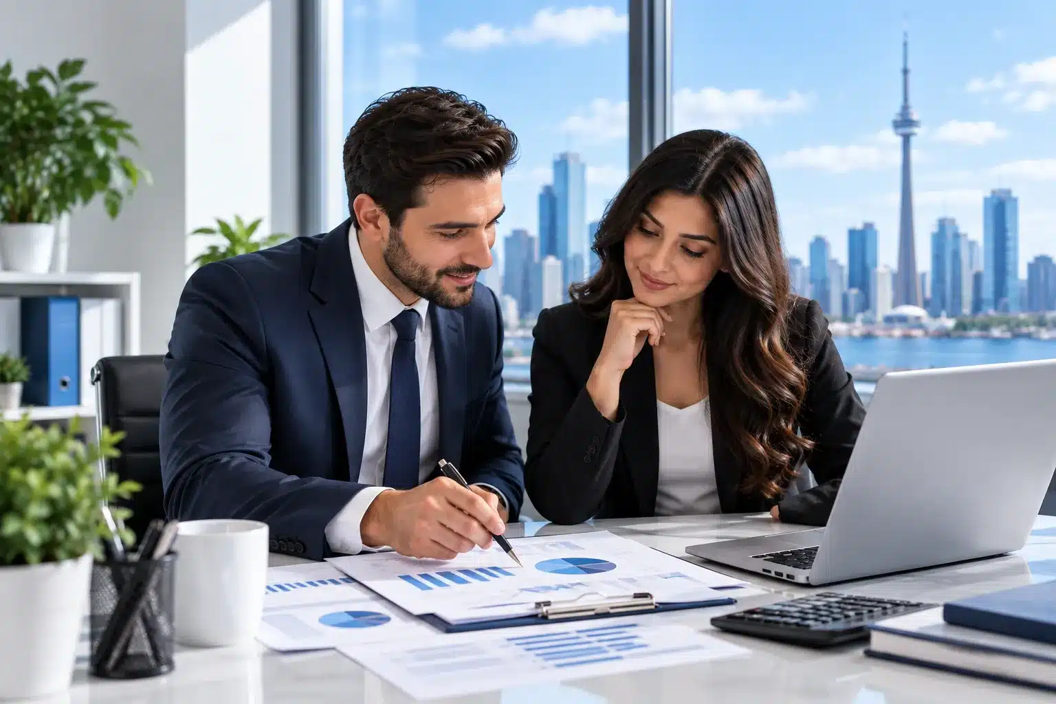 Toronto professionals reviewing business accounting records and financial information for a startup