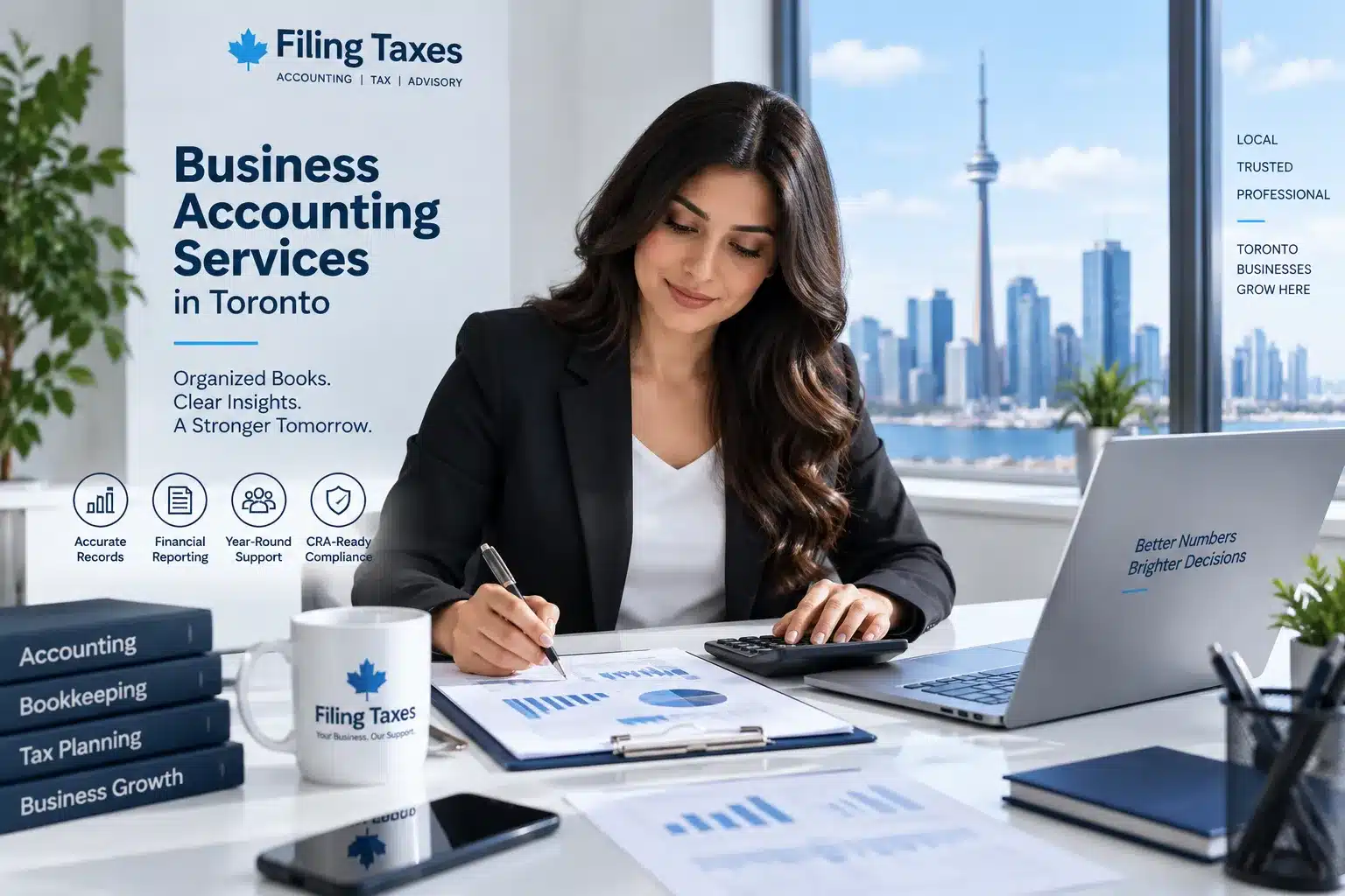 Business professional using digital accounting tools and reviewing financial information in Toronto