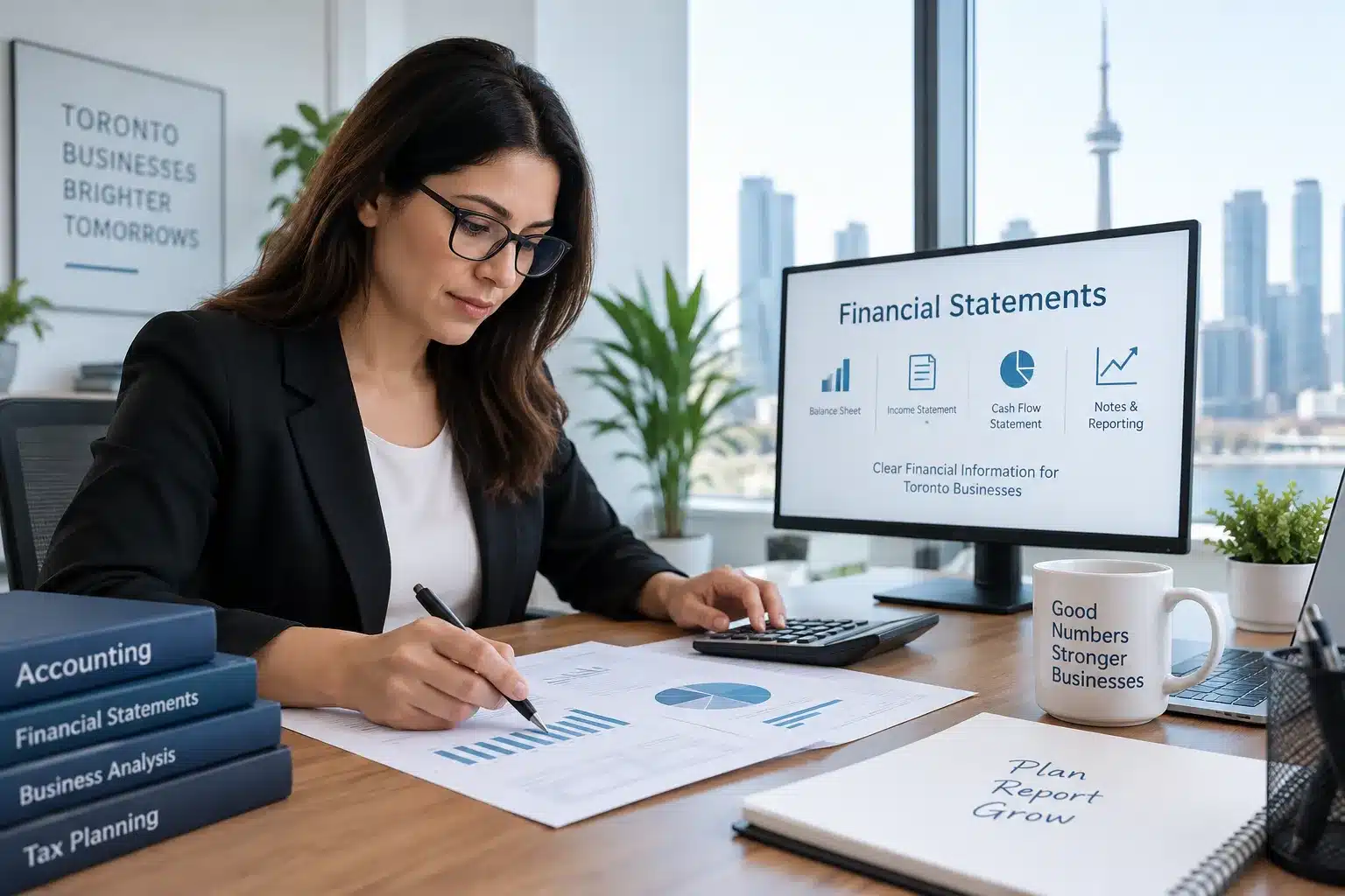 Toronto accounting professional explaining the financial statement preparation process to a business client in a modern office