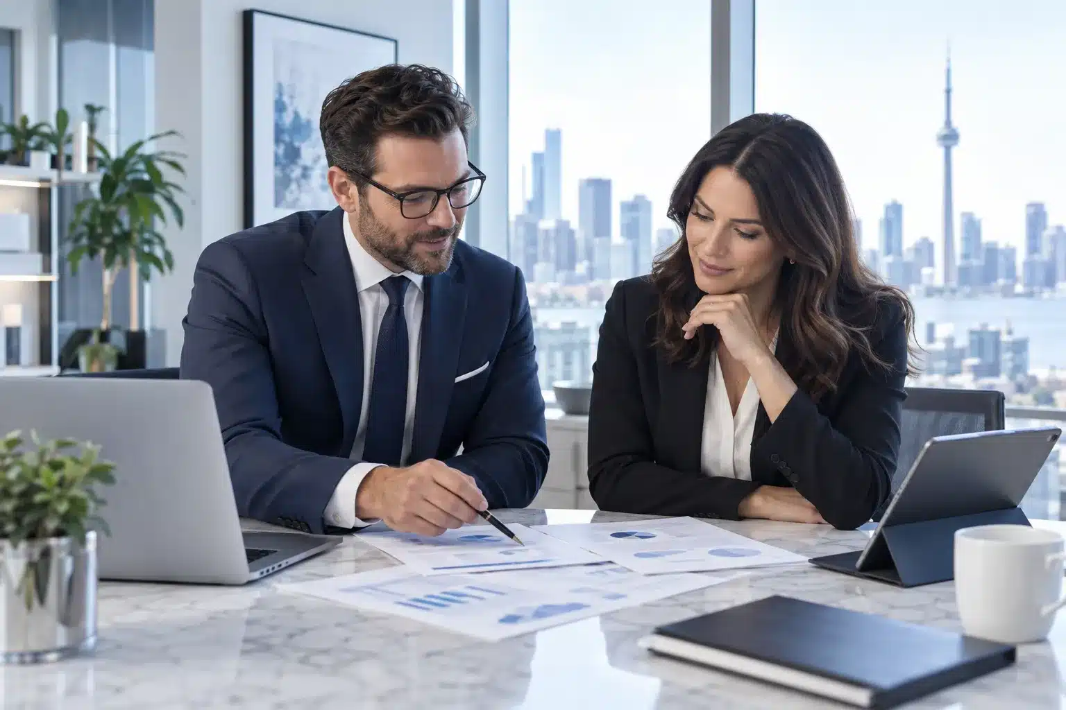 Toronto financial statement professionals reviewing business financial reports and accounting documents in a modern office