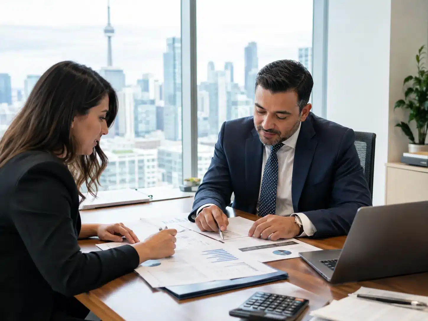 Toronto business professionals reviewing financial statements, accounting reports and company financial data in a modern office