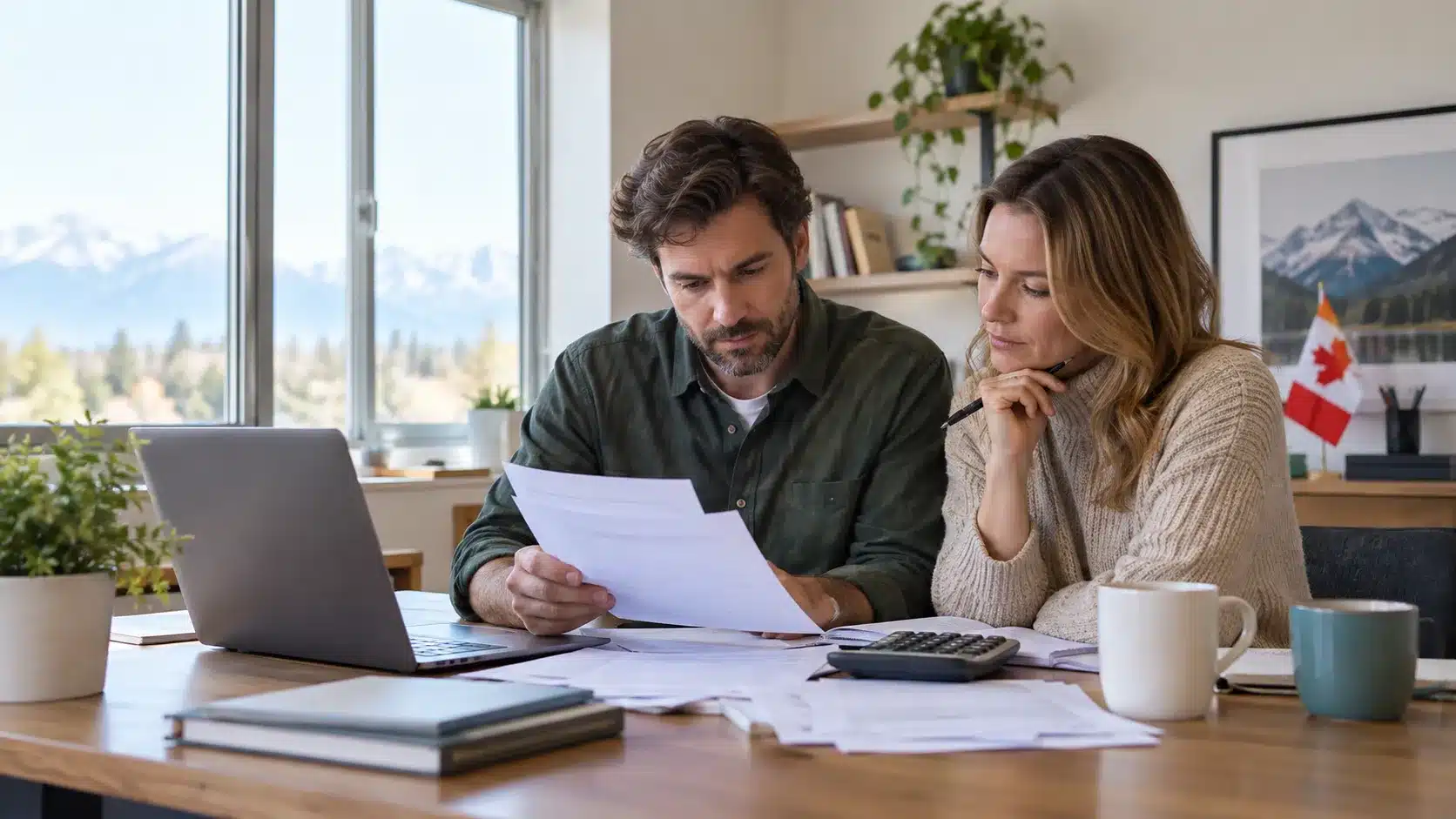 Canadian couple reviewing tax documents and financial records at home to plan their taxes and identify potential savings.