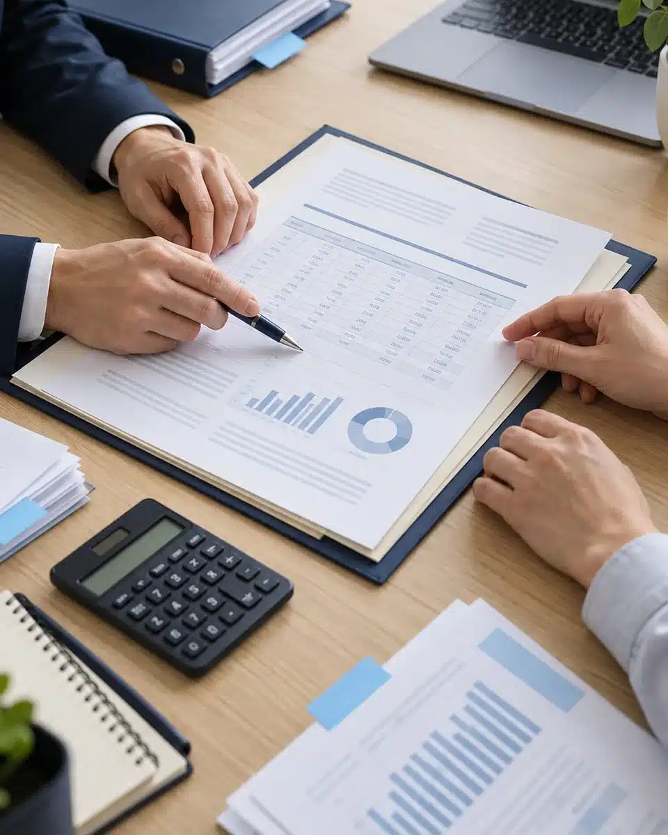 Tax professional reviewing generic CRA audit correspondence and supporting financial records at a desk