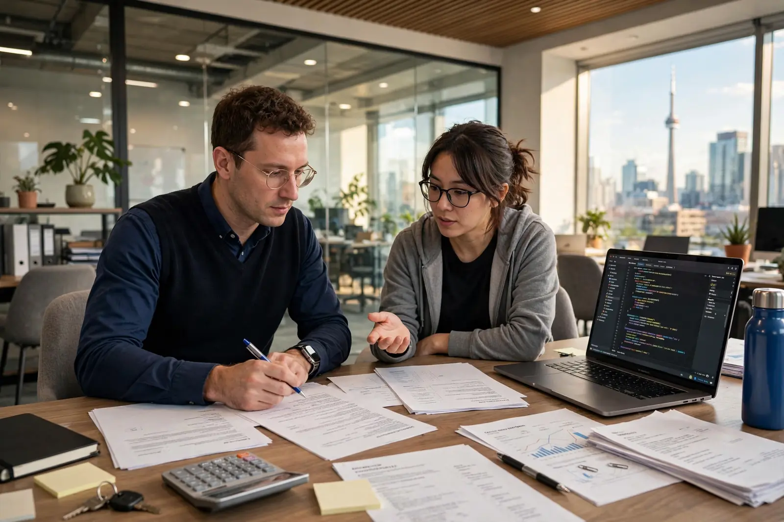 IT Consultant Accountant in Toronto | Filing Taxes Accountant and IT consultant reviewing incorporation and tax documents in a Toronto office with the CN Tower visible through the window.