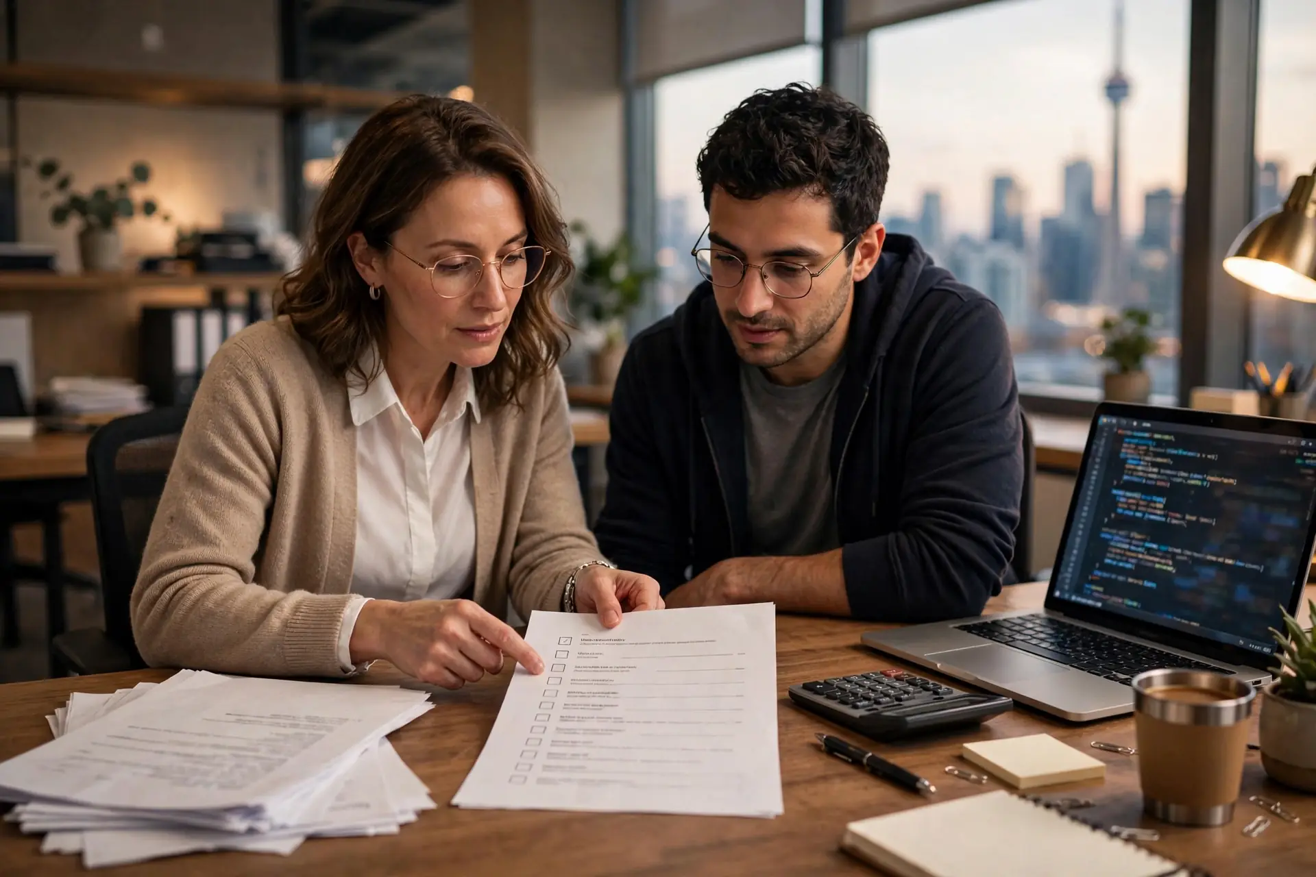 IT Consultant Accounting Process in Toronto | Filing Taxes Accountant and IT consultant reviewing a step-by-step tax process checklist in a Toronto office with a laptop showing code.