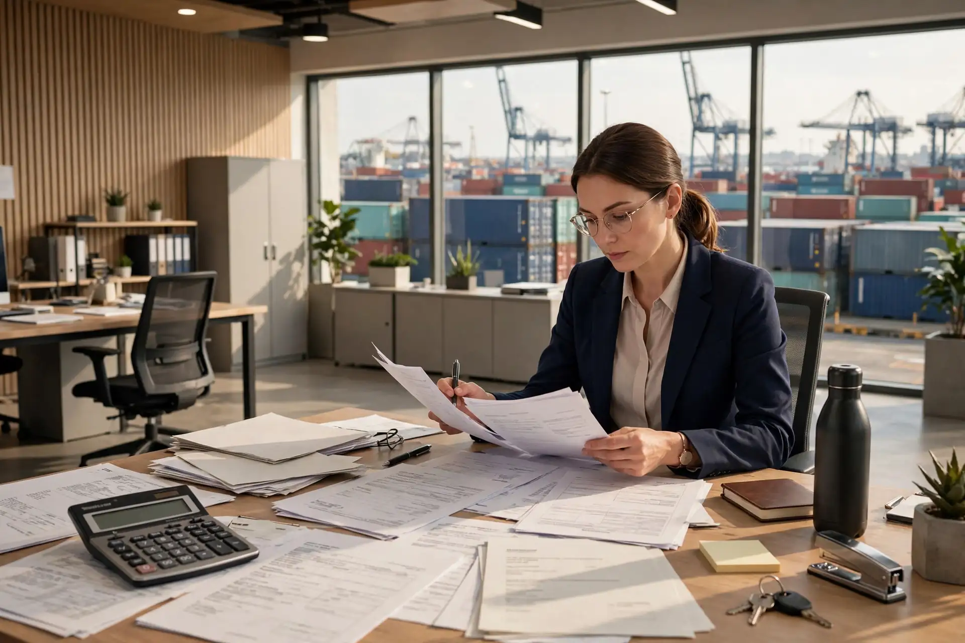 Accountant reviewing international trade documents in a Toronto office with a container shipping port visible through the window.