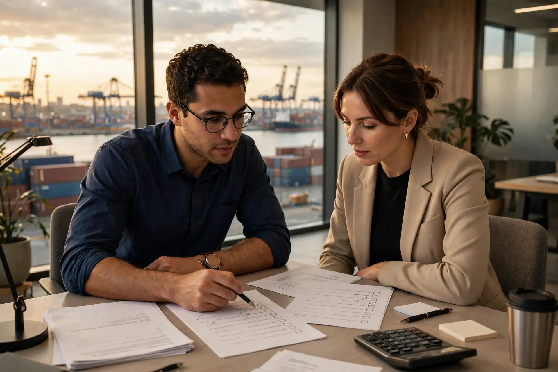 Accountant and client reviewing an import export accounting checklist in a Toronto office with a container port visible through the window.