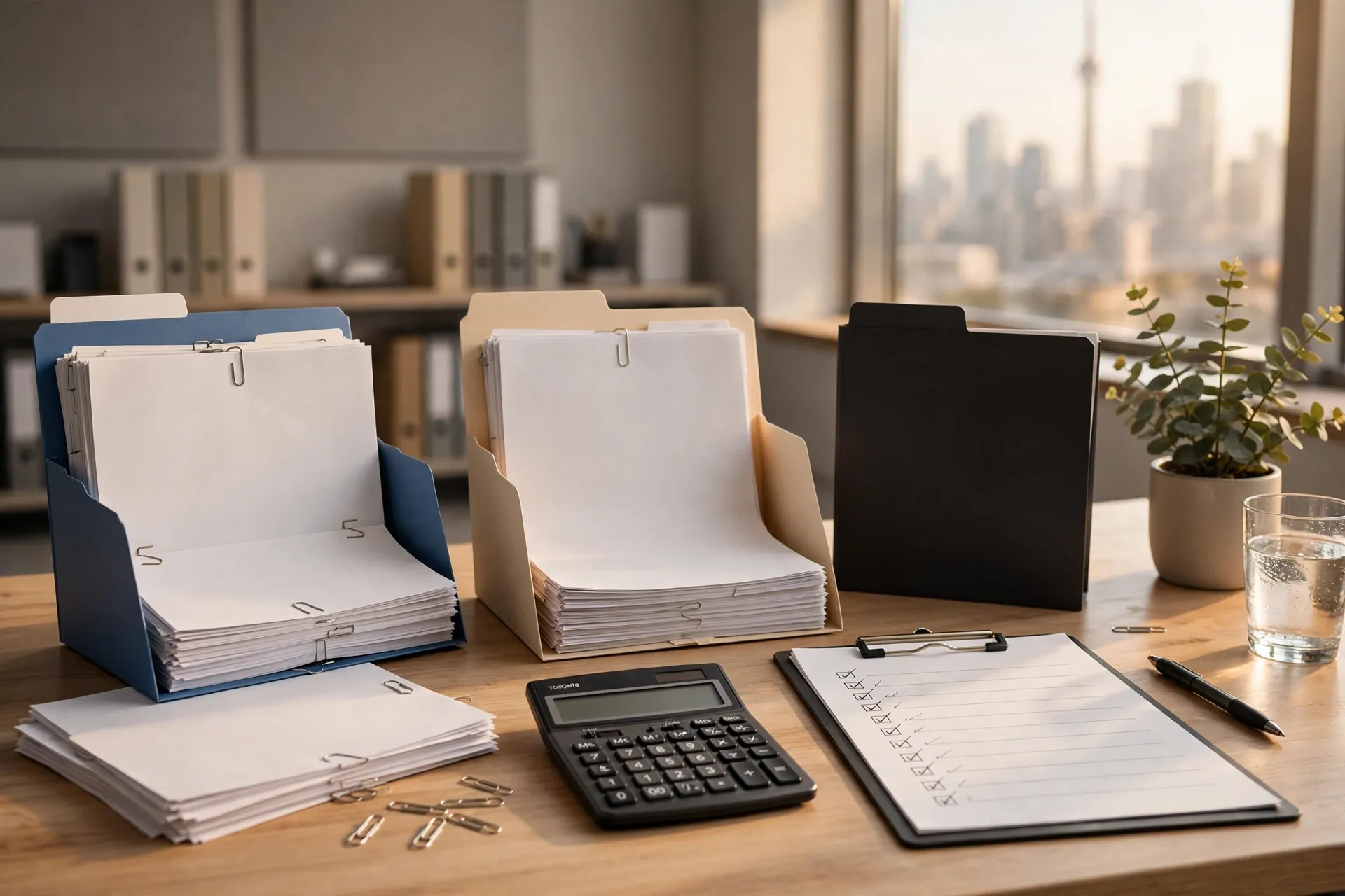 Organized import export financial records, customs documents and tax checklist on a desk in a Toronto accounting office.