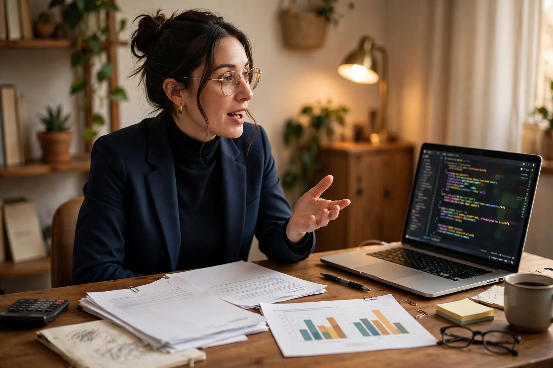 What an IT Consultant Accountant Does | Filing Taxes Accountant explaining IT consultant tax accounting with incorporation documents and a laptop showing code in a home office setup.