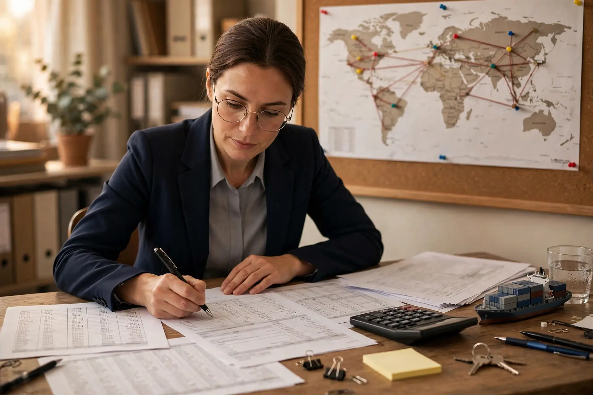 Accountant analyzing import export accounting documents with a world trade map and container ship model in a Toronto office.