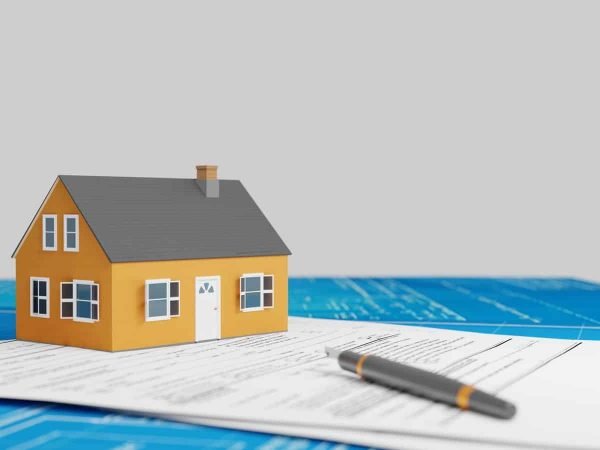 Real estate business, house building concept. Suburban house model with blueprints and legal papers. Digital render.